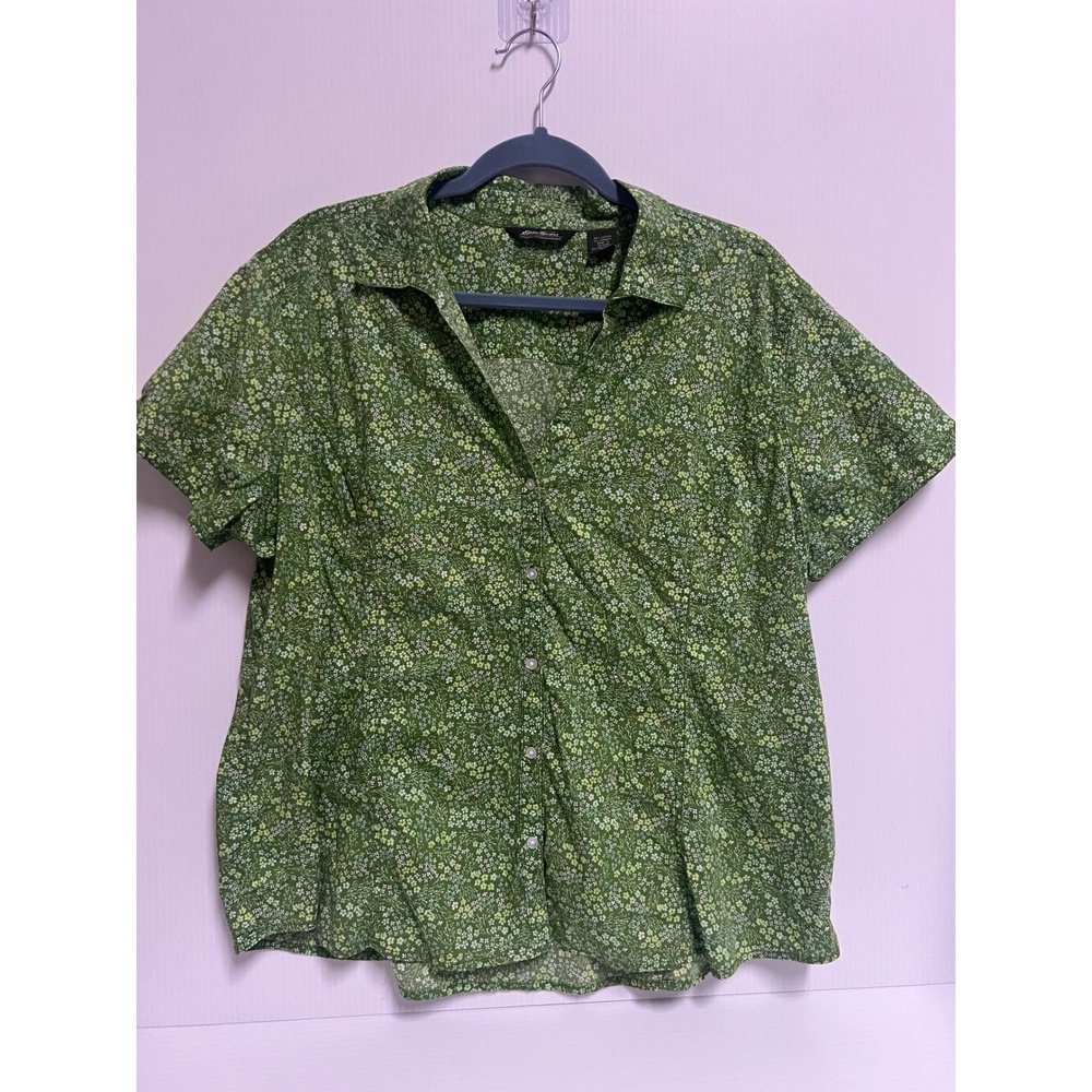 Eddie Bauer Green Ditsy Floral Short Sleeve Button Down Shirt XXL Cotton Blend